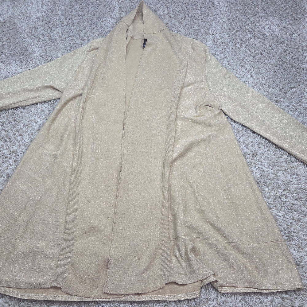 New Directions Women Gold Nugget Metallic Open Front Shimmer Duster Sweater M Ne